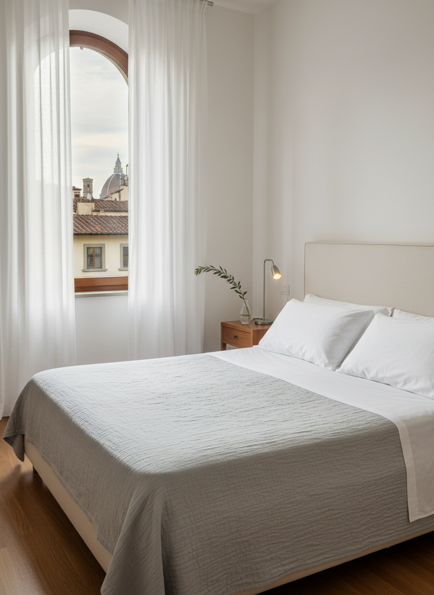 A meticulously made double bed in a Florence vacation apartment bedroom, dressed in crisp white cotton sheets and a light dove-gray coverlet, with two generous pillows aligned perfectly against a smooth upholstered headboard. Beside the bed, a compact wooden nightstand supports a sleek reading lamp and a small vase with a single green branch. Through a tall window with sheer curtains, a partial view of Florence’s historic rooftops and stone buildings appears in the distance. Warm, diffused morning light fills the room, creating subtle shadows and a peaceful atmosphere. Photographic realism, shot from a slightly elevated corner to show the entire sleeping area, emphasizes cleanliness, comfort, and understated luxury for short stays.