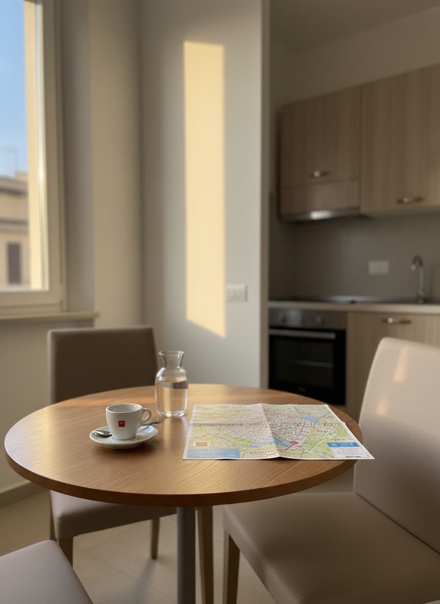 A sunlit dining corner in a Florence short-stay apartment, featuring a compact round wooden table with a natural matte finish and two simple upholstered chairs in soft beige tones. On the table rests a white porcelain espresso cup on a saucer, a small glass carafe of water, and a neatly folded city map of Florence with the Piazza della Signoria clearly visible. Golden-hour light enters from a nearby window, casting warm reflections on the tabletop and creating gentle shadows on the light-colored walls. The composition, captured at eye level in photographic realism, balances the table in the foreground with a subtly blurred background of a modern kitchenette, communicating practicality, hospitality, and the convenience of exploring the city from this central base.