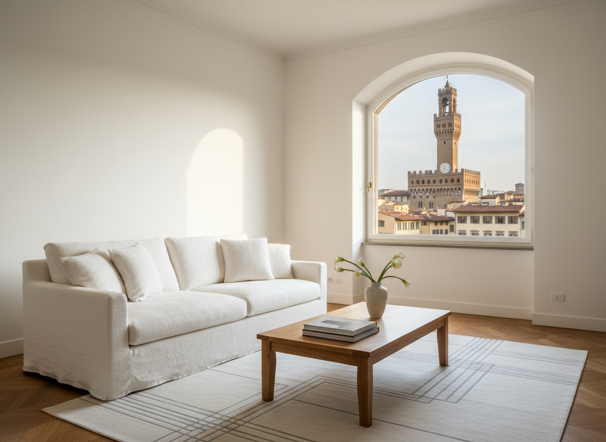 A bright, elegant living area of a Florentine apartment, featuring a cream-colored linen sofa with plush cushions, a polished oak coffee table, and a large window framing a clear view of Palazzo Vecchio’s stone tower and crenellations. The terracotta rooftops and warm ochre facades outside glow in soft late-afternoon sunlight, which spills into the room, catching the subtle texture of the parquet floor and a simple contemporary rug. Photographic realism at eye level, with sharp focus throughout, conveys comfort and refined simplicity. The mood is calm and inviting, highlighting the exceptional central location and the harmony between modern interior design and historic Florence just beyond the glass.