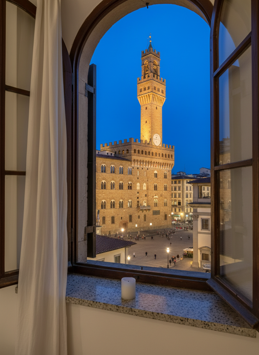 An atmospheric evening view from inside a Florence apartment, looking out through an open window with traditional wooden shutters onto the illuminated Palazzo Vecchio in Piazza della Signoria. The rough stone of the medieval tower is bathed in warm golden spotlights, contrasting against a deep blue twilight sky. In the interior foreground, the edge of a simple white curtain and a narrow terrazzo windowsill with a small, unlit candle hint at the apartment’s calm ambiance. The composition uses a slightly off-center framing, with photographic realism and a moderate depth of field keeping both interior and exterior clearly visible. The mood is romantic and serene, capturing the privilege of staying in the very heart of Florence with iconic architecture just beyond the window.