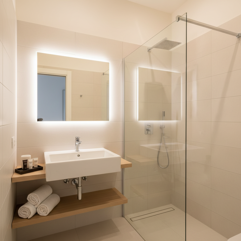 A tidy, luminous bathroom of a Florence Signoria Apartment, with large off-white ceramic tiles, a frameless glass shower enclosure, and a contemporary wall-mounted sink with a chrome faucet. Fluffy white towels are rolled precisely on a narrow wooden shelf, and a small tray holds miniature toiletries in simple, elegant packaging. Soft overhead lighting is combined with indirect LED strip light behind a minimal rectangular mirror, producing an even, flattering glow with minimal shadows. The shot is taken at eye level with photographic realism, using a slightly wide-angle view to capture the entire vanity and part of the shower. The atmosphere feels fresh, hygienic, and thoughtfully designed, reinforcing the sense of comfort and quality in a short-stay apartment in the heart of Florence.