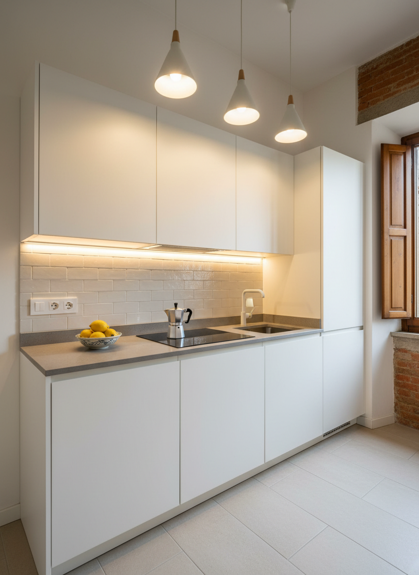 A modern, compact kitchen space in a Florence holiday apartment, with smooth white cabinetry, a stone-gray quartz countertop, and a built-in stainless steel cooktop. A small bowl of fresh lemons and a neatly placed moka pot introduce Italian character, while a discreet backsplash of light beige tiles reflects the soft overhead pendant lighting. Under-cabinet LEDs create a gentle glow along the countertop, highlighting its clean lines and polished surface. The scene is photographed with a slightly wide-angle lens, maintaining straight verticals and sharp detail, to show the entire kitchen wall and a glimpse of a narrow window revealing a slice of historic masonry outside. The mood is functional yet refined, emphasizing comfort, cleanliness, and the practicality expected in a short-term rental.